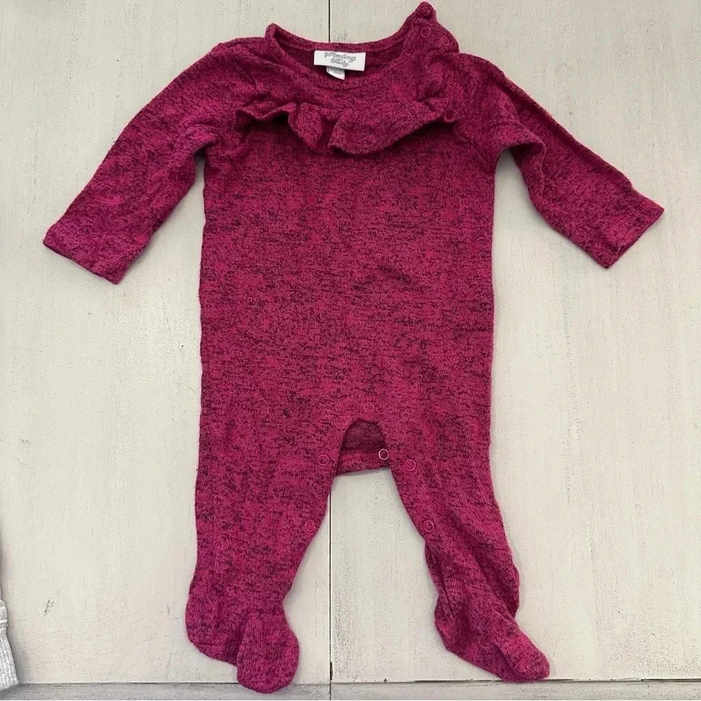 Stexling Baby Fuschia Long Sleeve Ruffle Crewneck Footed Buttoned Onesie 3M GUC